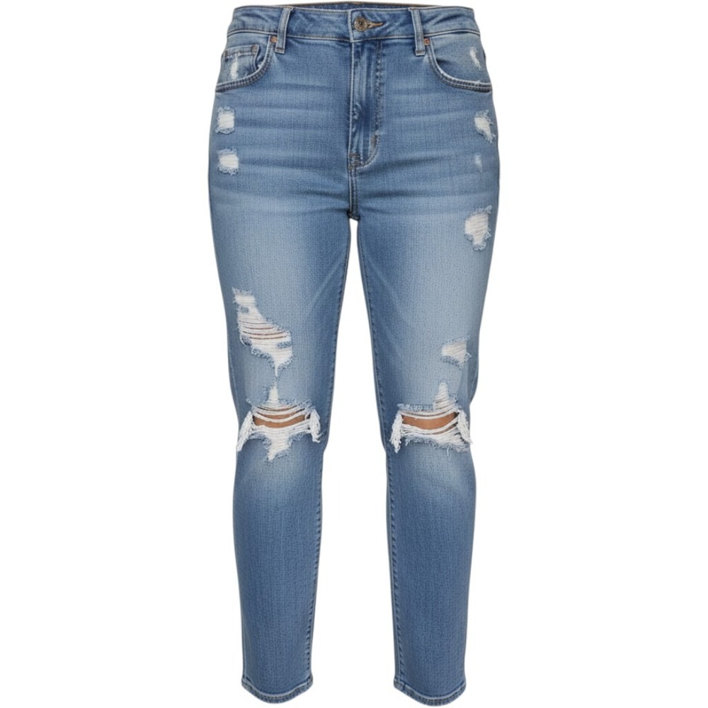 American Eagle Mom Jeans Light Wash Distressed High Rise Blue Denim Size 8